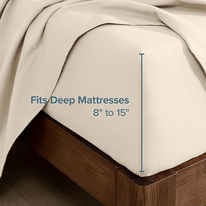 Bare Home Flannel Fitted Bottom Sheet 100% Cotton, Velvety Soft Heavyweight - Double Brushed Flannel - Deep Pocket (King, Sand)