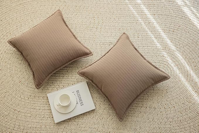Set of 2 Cozy Striped Herringbone Flange Throw Pillow Covers, Aesthetic Embossed Pattern Pillow Covers for Couch and Bed - 20"x20", Taupe