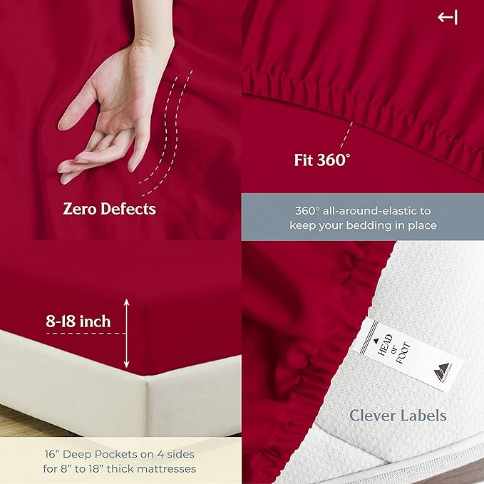 Mayfair Linen 500 Thread Count Full Cotton Sheets - 4 PC Full Size Bed Sheet Set Cotton (Red), Soft, Cooling, Sateen Hotel-Quality 16" Deep Pocket Bedsheet for Hot Sleepers (Fits 18" Mattress)