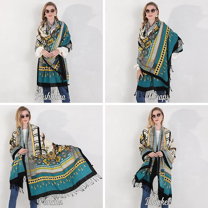 DANA XU 100% Merino Wool Pashmina Shawl for Women 96"x43", Oversized Cashmere Wrap with Tassels, Floral Travel Blanket Cape