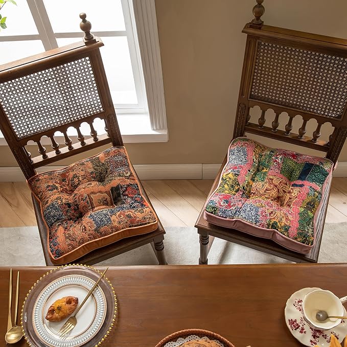 vctops Boho Paisley Chair Cushions with Ties Patchwork Square Soft Cozy Cotton Linen Chair Pads Non Slip Seat Cushions for Indoor Dining Room and Kitchen Chairs (Orange,16"x16")