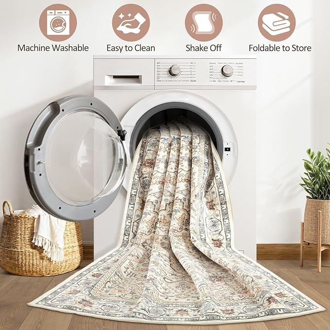Runner Rug Kitchen Washable Rugs: 2x6 Non-Slip Boho Soft Vintage Stain Resistant Indoor Floor Neutral Farmhouse Throw Carpet for Hallway Bathroom Laundry Room Entryway Bedroom- Cream
