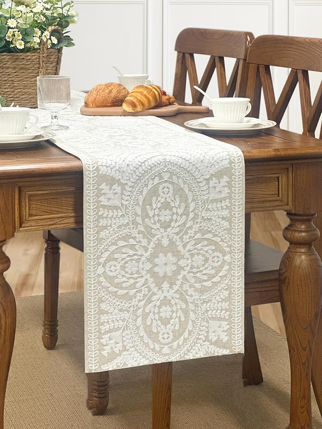 KEVA Boho Table Runner 36inches Long, Farmhouse Rustic Vintage White Embroidered Table Runners 13x36 Inch for Dining Table Decorations