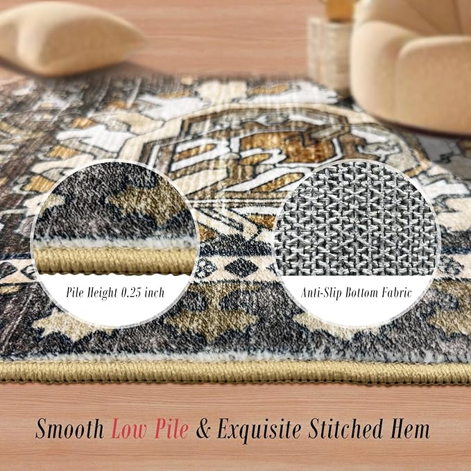 RUGSURE Washable Area Rugs - Perfect for Living Room, Bedroom, Kids Room, Nursery - Stain & Water Resistant Non-Slip, Pet & Child Friendly, Vintage Tribal Area Rugs (Ivory, 4' x 6')