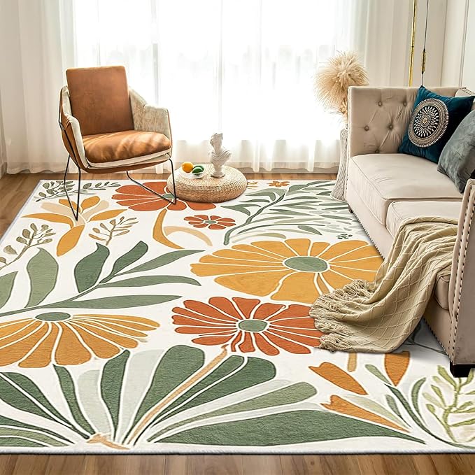 9CH Floral Botanical Aesthetic Area Rugs 7' X 5' Green Terracotta Abstract Flowers Plants Carpets Non-Slip Soft Boho Modern Rug for Bedroom Dining Living Room Kitchen