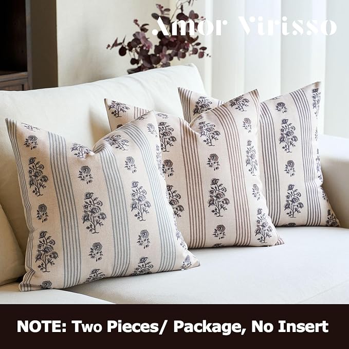 Amor Virisso Floral Throw Pillow Covers 24x24 Set of 2 Block Print Pillow Covers Neutral Floral Striped Farmhouse Decorative Pillow Covers for Sofa Couch Bed, Light Blue
