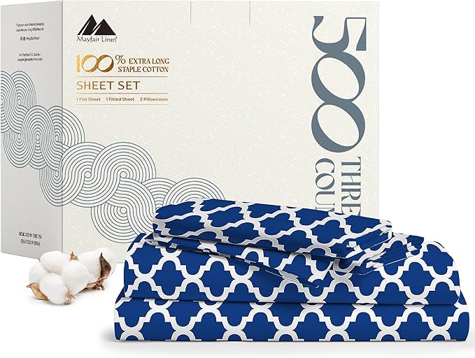 Mayfair Linen 100% Cotton Printed Bed Sheets Full Size Set - 500 Thread Count Cotton Sheets for Full Size Bed, 4 PC Set (Quatrefoil - Navy), Soft, Cooling, Sateen Weave 16" Deep Pocket Bedsheet