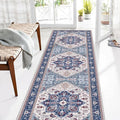 OPPODREAM Thin Entryway Rug 2x8, 2x8 Rug Runner, Washable Hallways Carpet 2 x 8 with Non Slip Backing, Low-Pile Bedside Carpet 2 x 8, Long, Faux Cashmere, Navy Blue & Red & Cream
