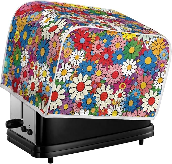 Daisy Flowers Printed Toaster Cover 2 Slice Wide Slot, Washable Kitchen Appliance Small Oven Bakeware Protector, Bread Maker Cover Dust and Fingerprint Protection