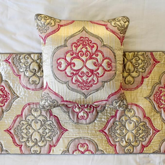 The HomeCentric King/Queen/Twin Pink Decorative Full 68"x18" Bed Runner with 2 Pillow Cover, Quilted & Damask Bed Scarf on Silk Fabric - Emre