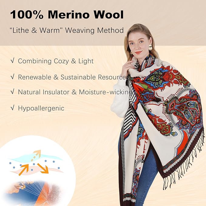 DANA XU 100% Merino Wool Extra Large Pashmina Blanket Travel Scarf Cashmere Wrap for Women Fall Winter Oversize Shawl Floral