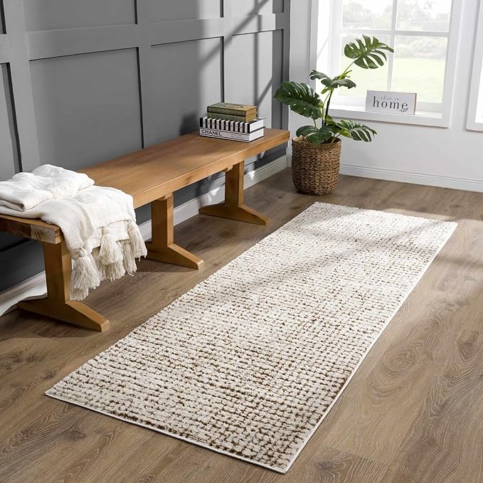 Hauteloom Keita Contemporary Mosaic Area Rug - High Pile Fluffy Soft Shag Carpet for Living Room, Bedroom - Cream, Brown - 7'10" x 10' (8x10)