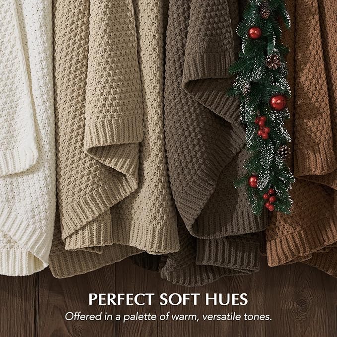 EVERGRACEHOME Chunky Chenille Knit Throw Blanket for Couch, Soft Luxurious Moss Stitch Blankets for Bed, Cozy Decorative Farmhouse Knitted Throws for Sofa, Mocha Brown, 60" x 80"