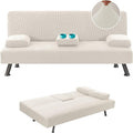 H.VERSAILTEX 4 Pieces Stretch Futon Covers Sofa Bed Slipcover with Removable Armrests and Cupholders Covers Furniture Protector High Spandex Small Checks Jacquard Fabric, Ivory
