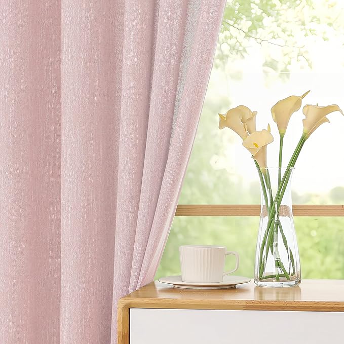 Simplebrand Blush Semi Sheer Faux Linen Textured Curtains 54 Inch Length 2 Panels Set, Rod Pocket Farmhouse Short Curtain Drapes for Dinning Small Windows Bathroom Bedroom, Each 40Wx54L in, Blush