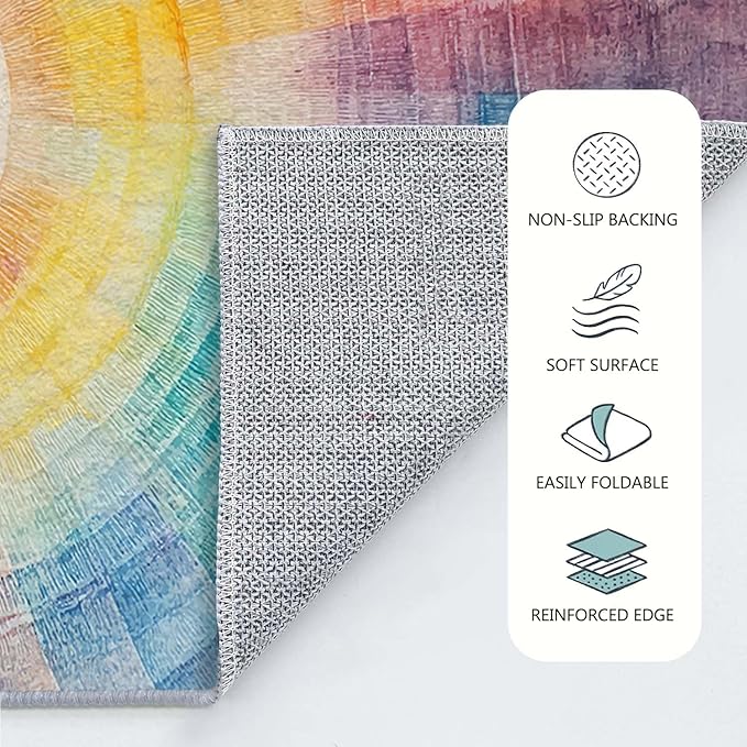 6x9 Colorful Area Rug Boho Sun Purple Red Orange Yellow Blue Green Rug Non Slip Low Pile Large Carpet for Home Kitchen Living Room Bedroom Dining Room Office