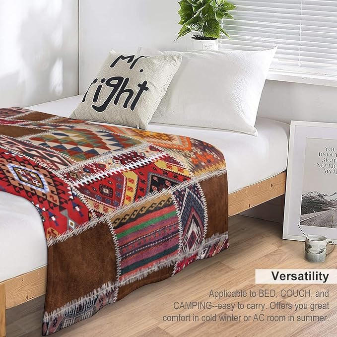 Southwest Aztec Throw Blanket, Native Bohemian Retro Patchwork Traditional Geometric Soft Flannel Blanket Warm Blankets for All Seasons, Bed Couch Sofa 40"x50"