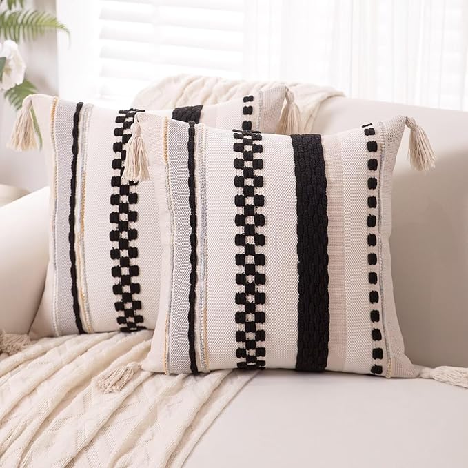 Boho Throw Pillow Covers 18x18 Set of 2 Woven Tufted Farmhouse Pillows Cover with Tassels Textured Striped Cushion Case Neutral Pillow Cases Decorative Pillowcase for Sofa Couch Bed,Black