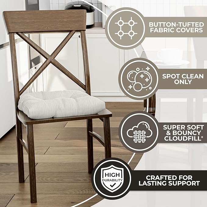 Klear Vu Gripper Overstuffed Universal Non-Slip Dining Chair Cushions for Kitchen Decor or Office Use, U-Shaped Skid-Proof Seat Pad, 17x17 Inches, 2 Count (Pack of 1), Chenille Ivory