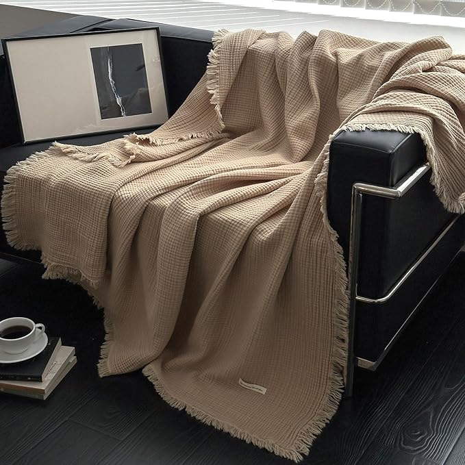 MorroMorn 100% Cotton Muslin Throw Blanket with Fringes 50"x60", 4-Layer Gauze Blankets for Adults, Boho Bedding Breathable Lightweight Ultra-Soft Farmhouse Decor for Couch Bed All Seasons, Khaki