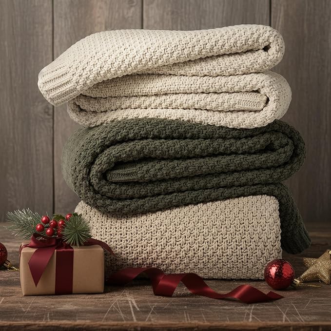 EVERGRACEHOME Chunky Chenille Knit Throw Blanket for Couch, Soft Luxurious Oversized Queen Moss Stitch Blanket for Bed, Large Cozy Farmhouse Knitted Throw for Sofa, Olive Green, 90" x 90"