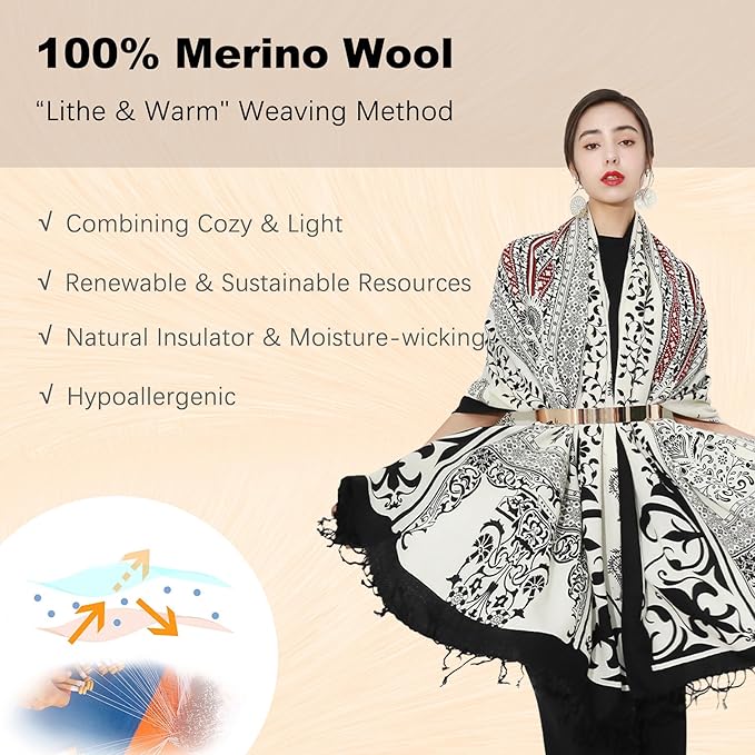 DANA XU 100% Merino Wool Extra Large Pashmina Blanket Travel Scarf Cashmere Wrap for Women Fall Winter Oversize Shawl Floral