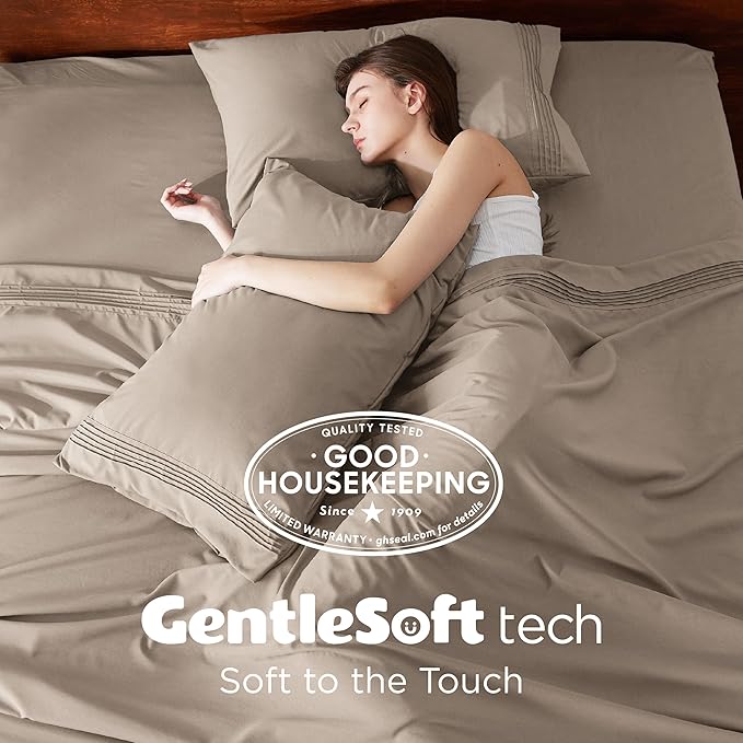 Bedsure Deep Pocket Queen Sheets Set - Fits Mattresses Up to 21 Inches Thick - 4 Piece GentleSoft Bed Sheets, Moisture Wicking, Soft & Cooling Bedsheet & Pillowcases, Easy & Secure Fit, Brown