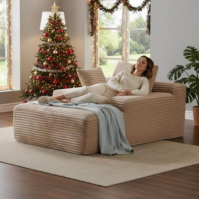 Chaise Lounge Chair Indoor, Oversized Comfy Fluffy Cloud Couch with Throw Pillows & Deep Seat, Modern Lounge Sleeper Couch with Armrests, Upholstered Sofa Bed Chair for Living Room, Beige