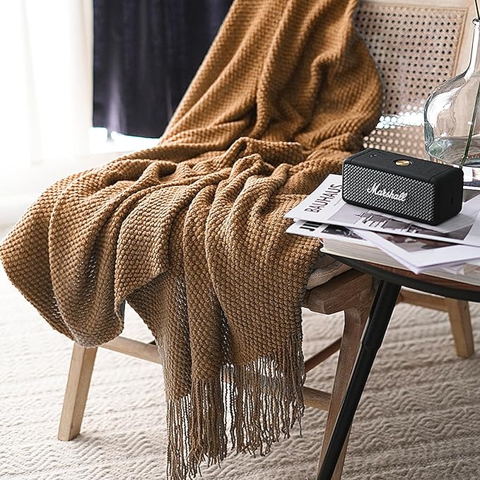 LOMAO Knitted Throw Blanket with Tassels Bubble Textured Lightweight Throws for Couch Cover Home Decor (Khaki, 60x90)