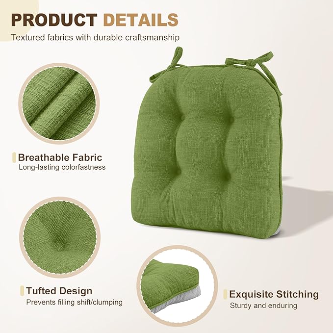 downluxe Indoor Chair Cushions for Dining Chairs, Tufted Overstuffed Textured Foam Kitchen Chair Pads with Ties and Non-Slip Backing, 15.5" x 15.5" x 4", Grass Green, 4 Pack