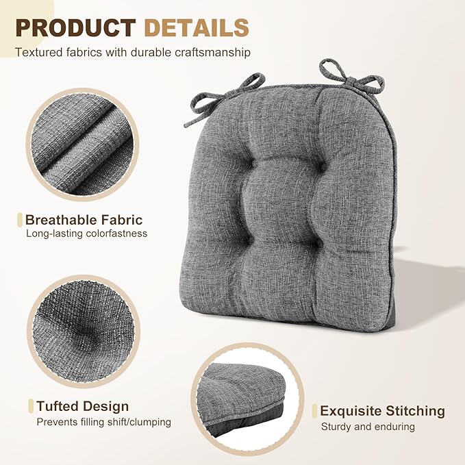 downluxe Indoor Chair Cushions for Dining Chairs, Tufted Overstuffed Textured Foam Kitchen Chair Pads with Ties and Non-Slip Backing, 15.5" x 15.5" x 4", Dark Grey, 4 Pack