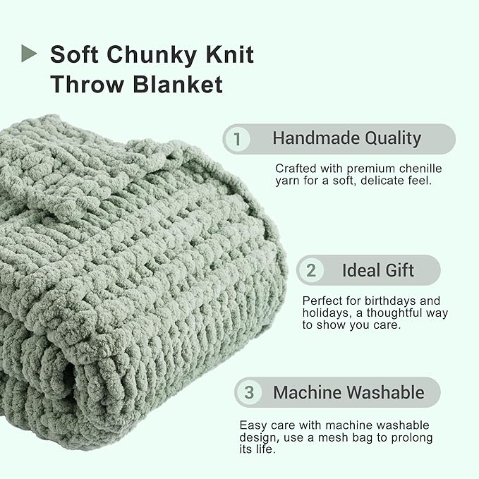Battilo Chunky Knit Blanket Throw，Sage Throw Blanket for Couch, Thick Warm Soft Cozy Knitted Chenille Throw Blanket for Sofa, Bed, Living Room, 50"x60"