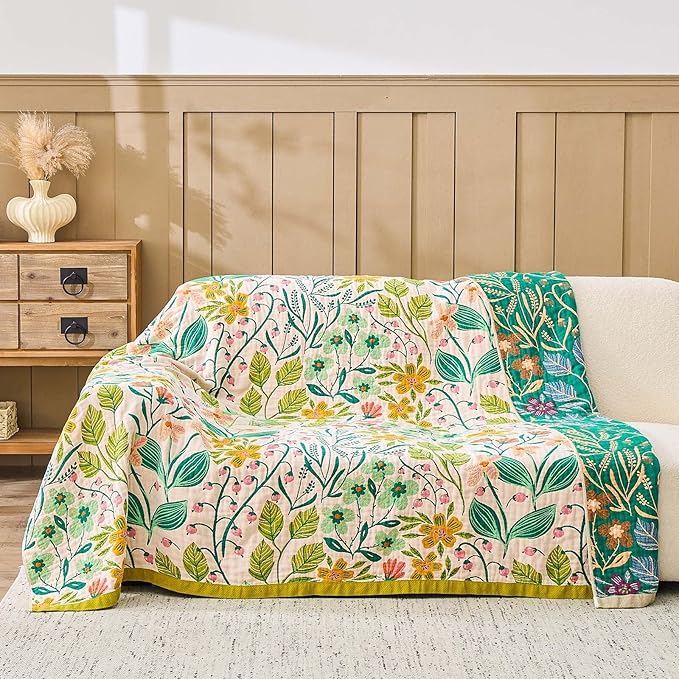 Beige Boho Throw Blanket, 100% Cotton Blankets for Couch Bed, 50"x60"Cotton Quilt Travel Muslin Blankets Farmhouse Home Decor Soft Lightweight Picnic Blanket for Summer