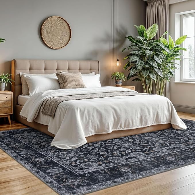 KUTA Vintage 8x10 Area Rugs for Living Room, Washable Large Rug for Bedroom 8ft x 10ft Non-Slip, Black Grey Orange Ultra Thin Soft Printed Traditional Floral Distressed Dining Room Low-Pile Carpet