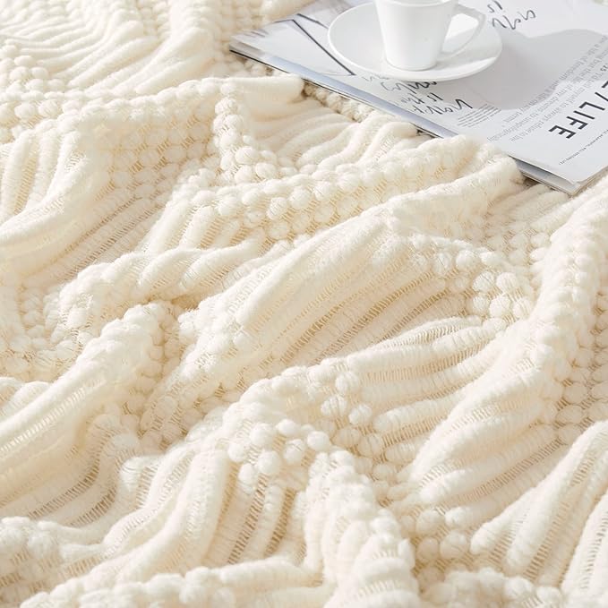 Off White Knitted Throw Blankets for Couch, Bedroom and Officeroom,Textured Fade Resistant Soft and Warm Decorative Knitted Blankets with Tassel,50"x60"