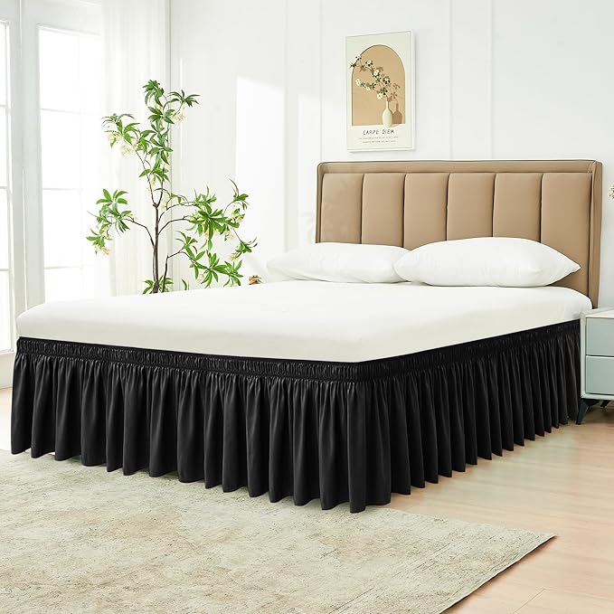 Biscaynebay Wrap Around Bed Skirts for Full & Full XL Beds 18" Drop, Black Adjustable Elastic Dust Ruffles Easy Fit Wrinkle Resistant Silky Luxurious Fabric Machine Washable