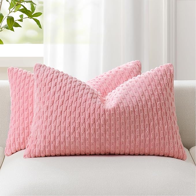 Kevin Textile Valentines Day 14x24 Inch Pillow Cover 1 Pack Boho Decorative Soft Striped Corduroy Lumbar Farmhouse Accent Rectangle Cushion Case for Living Room Couch Sofa Bed, Pink