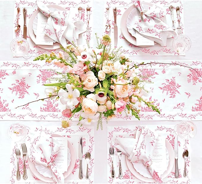 Solino Home Pink Floral Print Table Runner 36 inch - 100% Pure Linen Table Runner 14 x 36 Inch - Handcrafted and Machine Washable - Jolie Fleur Print