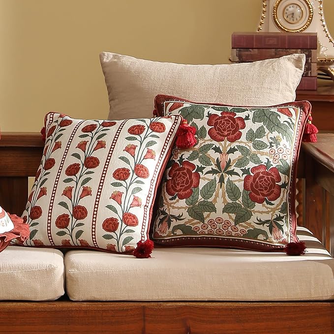 Throw Pillow Covers Pack of 2,Red Cozy Velvet with Leaves and Floral Pattern Pillowcases,Decoration Square Pillows Cushion Covers for Living Room Couch Sofa Bed Car Chair,18"x18"