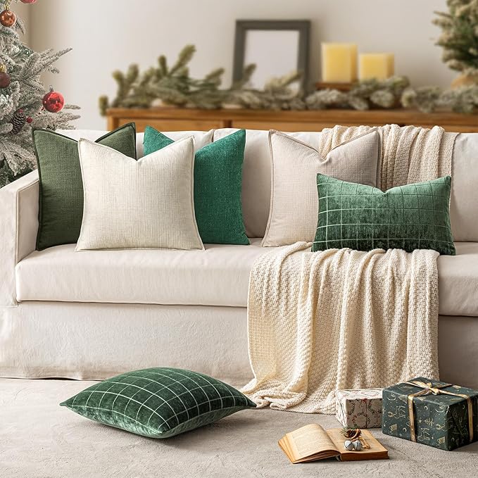MIULEE Christmas Decorative Pillow Covers 20x20, 2 Pack Boho Farmhouse Neutral Throw Pillows for Couch, Thick Textured Modern Linen Cushion Cases Sofa Bed Living Room Home Decor, Dark Green
