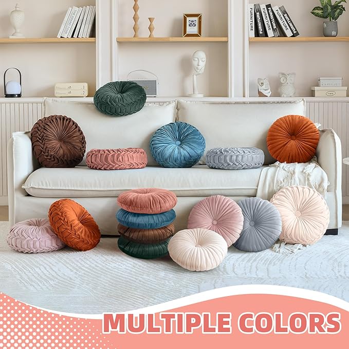 2 Pcs Round Throw Pillows Pleated Velvet Pumpkin Round Pillows Floor Cushion for Living Room Couch Chair Bed Sofa 15.7"x15.7"/13.8" x 13.8" (Blue)