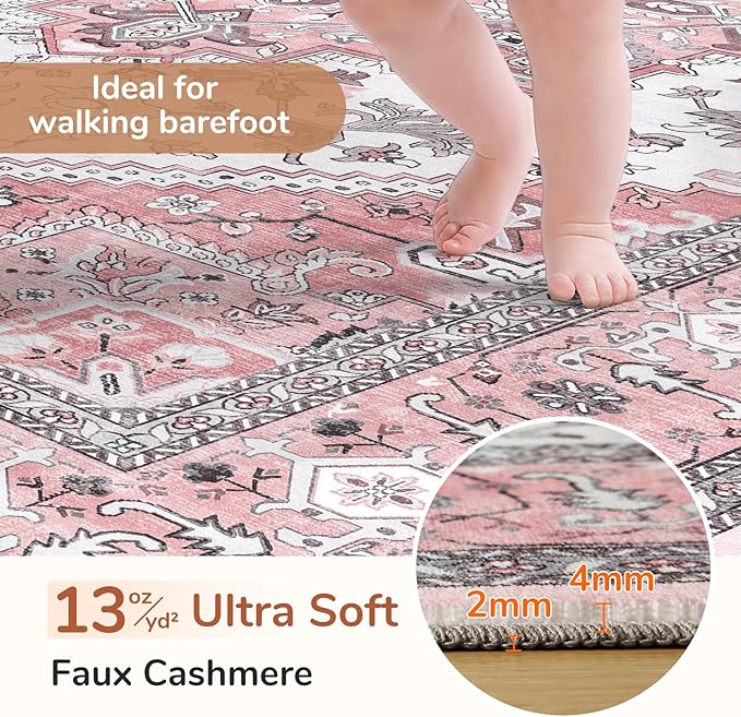 OPPODREAM Thin Area Rugs 9x12 Living Room, Washable Rugs 9x12 with Non Slip Backing, Faux Cashmere Low-Pile 9 x 12 Carpet, Pink & Cream