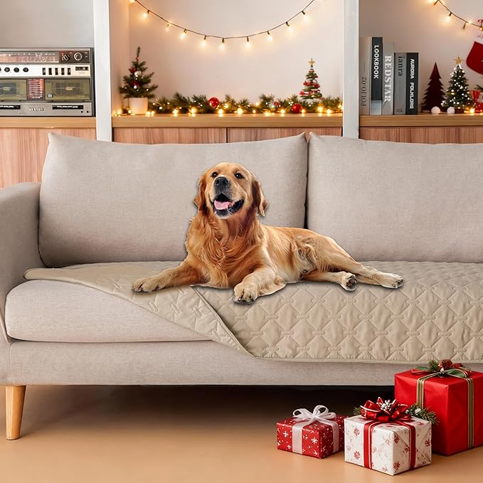 gogobunny 3X Stronger Waterproof Pet Blanket, Scratch Proof Furniture Protector for Dogs Cats, Reversible Cover 30x70 Inch, Dark Beige
