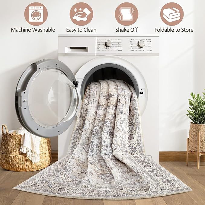 7x9 Area Rug Living Room: Washable Boho Large Neutral Vintage Soft Rugs Stain Resistant Farmhouse Non Slip Indoor Floor Carpet for Bedroom Nursery Kids Playroom Office Dining Room- Ivory Gray