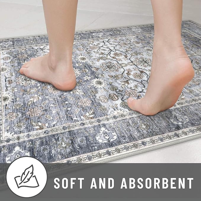 KUTA Vintage Floral 3x5 Rug, Washable Non-Slip Entryway Rug & Kitchen Carpet, Ultra Thin Soft Low-Pile Oriental Throw in Grey Blue, Distressed Print for Living Room Dorm, Entry Décor