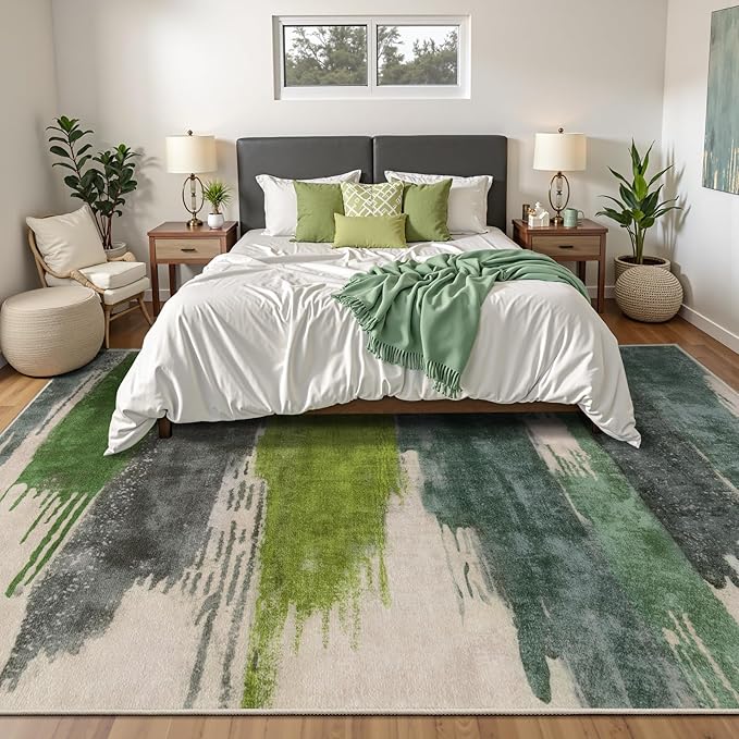Ciicool Modern Abstract Green Rug for Living Room, 9'x12' Machine Washable Area Rug Non-Slip Rug, Low-Pile Contemporary Indoor Dining Floor Carpet for Bedroom Office Under Table Home Decor