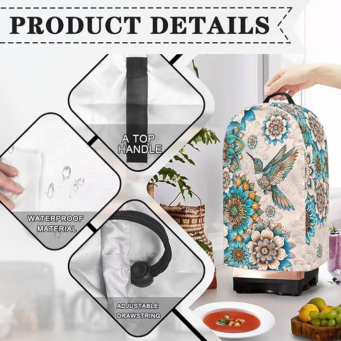 Bohe Flower Birds Blender Dust Covers with Drawstring, Stand Mixer or Coffee Maker Appliance Cover, Anti Fingerprint Dust Proof Stain Resistant Blender Cover for Home Kitchen