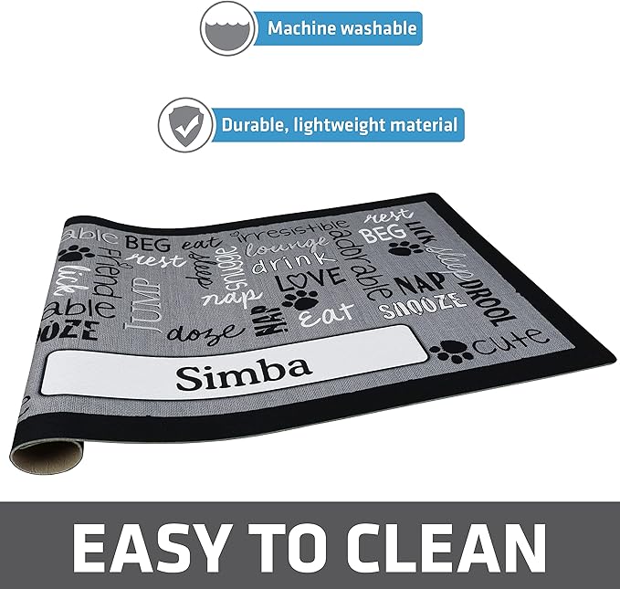 Drymate Personalized Pet Bowl Placemat, Custom Dog & Cat Food Feeding Mat - Absorbent Fabric, Waterproof Backing - Machine Washable/Durable (USA Made) (16" x 28") (Linen Black)