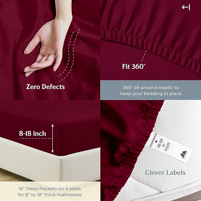 Mayfair Linen 100% Cotton Bed Sheets Queen Set - 500 Thread Count Cotton Sheets for Queen Size Bed, 4 PC Set (Burgundy), Ultra Soft, Cooling, Sateen Weave 16" Deep Pocket Bedsheet for Hot Sleepers