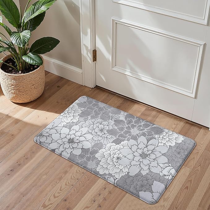 GENIMO Kitchen Mats for Floor, Kitchen Rugs Non Slip Washable Sets of 2, Waterproof Cushioned Anti Fatigue Mat, Floral Runner Rug for Laundry, Sink, Office, Home, 17.3"x59"+17.3"x30", Lavender Grey